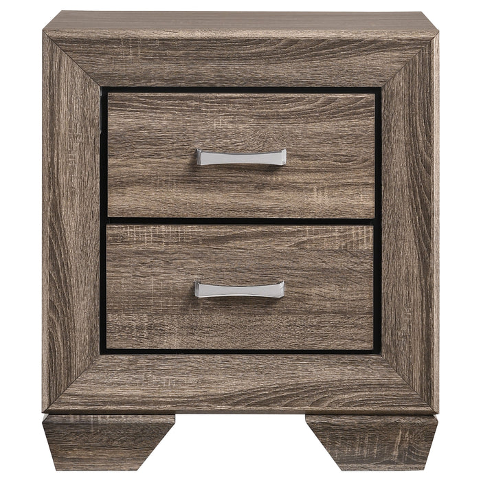 CoasterEveryday Kauffman 4-piece Queen bedroom set in washed taupe with bed frame, dresser, mirror, and nightstands, in a modern bedroom.