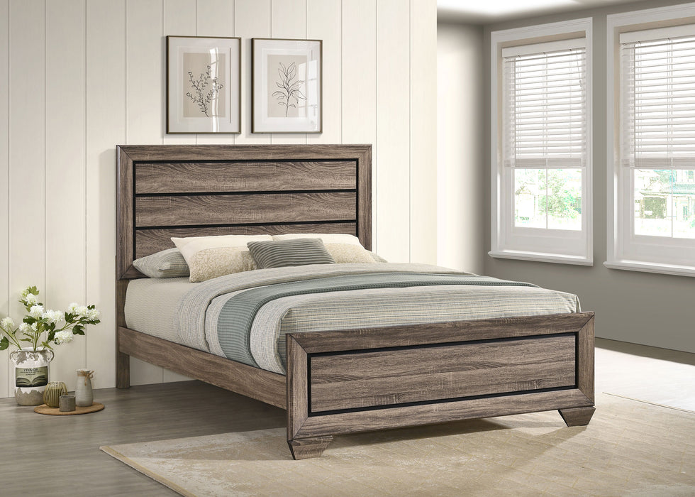 CoasterEveryday Kauffman Wood Queen Panel Bed in washed taupe finish, featuring a classic wood design with a sturdy headboard and frame.