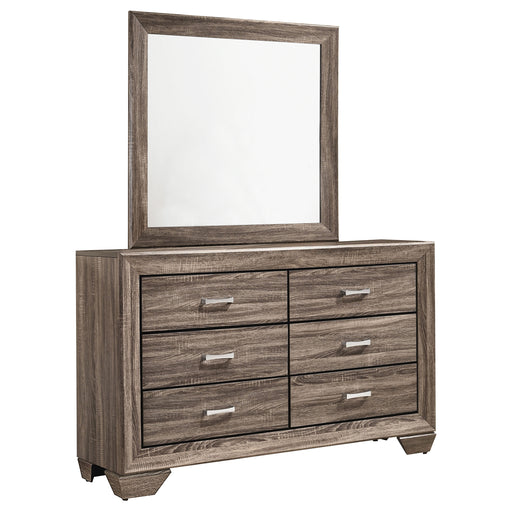 CoasterEveryday Kauffman 6-drawer dresser with attached mirror in washed taupe finish, showcasing sleek furniture design and storage drawers.