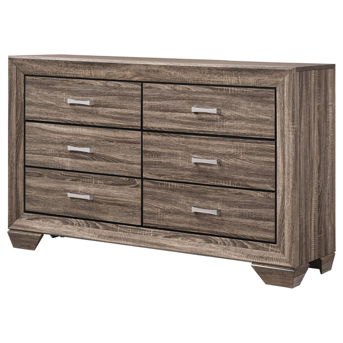 CoasterEveryday Kauffman 6-drawer dresser in washed taupe with sleek modern design and metal handles, wooden furniture for bedroom storage.