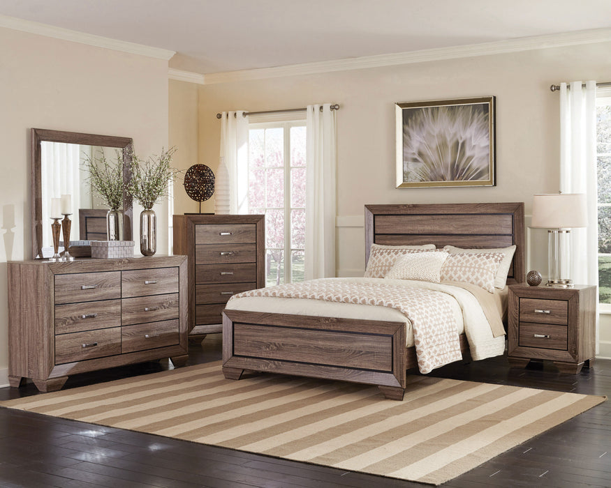 Kauffman dresser mirror in washed taupe, part of CoasterEveryday furniture collection, showing a large rectangular mirror with a wooden frame.