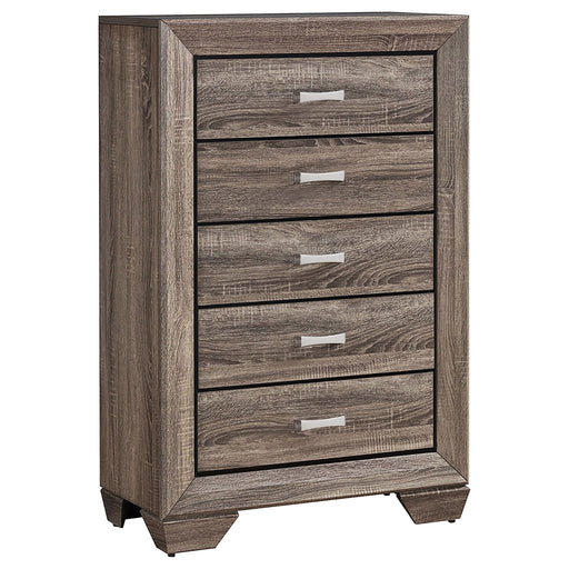 CoasterEveryday Kauffman 5-drawer bedroom chest in washed taupe with sleek handles and smooth finish, showing front view of the furniture.