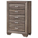 Kauffman 5-drawer bedroom chest in washed taupe wood finish, modern furniture piece with sleek drawer handles and spacious storage.