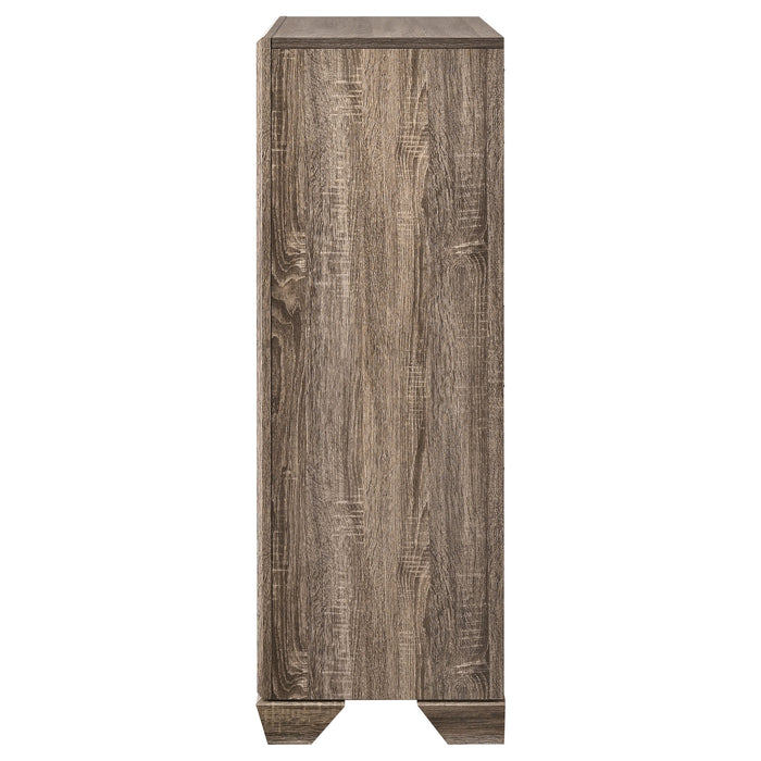 CoasterEveryday Kauffman 5-drawer bedroom chest in washed taupe, showcasing its sleek wooden furniture design and five spacious drawers.