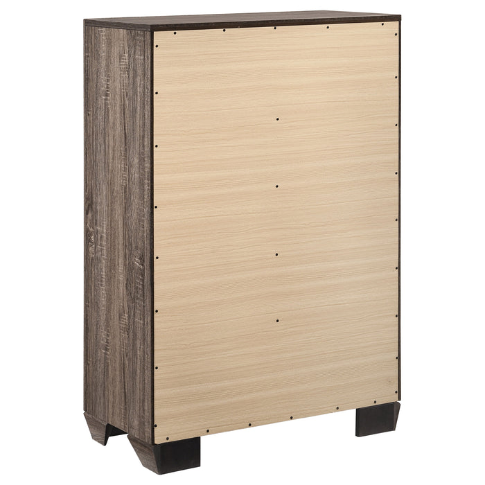 CoasterEveryday Kauffman 5-drawer bedroom chest in washed taupe with sleek hardware and modern furniture design.
