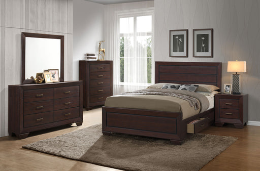 Kauffman 5-piece Eastern King bedroom furniture set by CoasterEveryday in dark cocoa finish, includes bed frame, nightstands, and dresser.