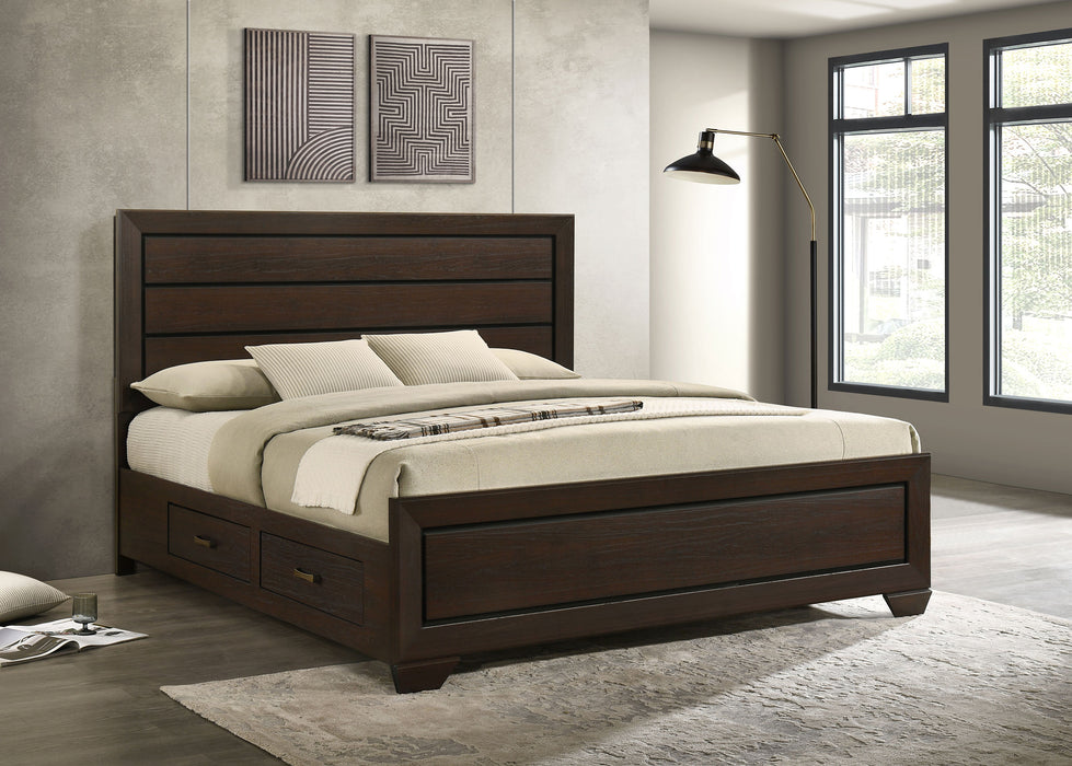 Dark cocoa Kauffman Wood Eastern King Storage Panel Bed by CoasterEveryday, featuring a sturdy wooden frame and built-in storage drawers.