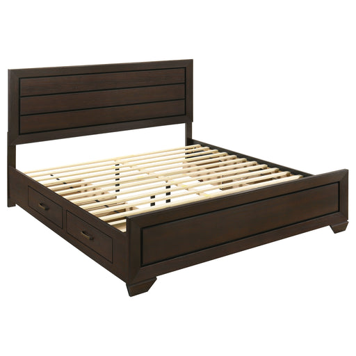 Dark cocoa Kauffman Wood Eastern King Storage Panel Bed by CoasterEveryday, showcasing the wooden bed frame with storage drawers.