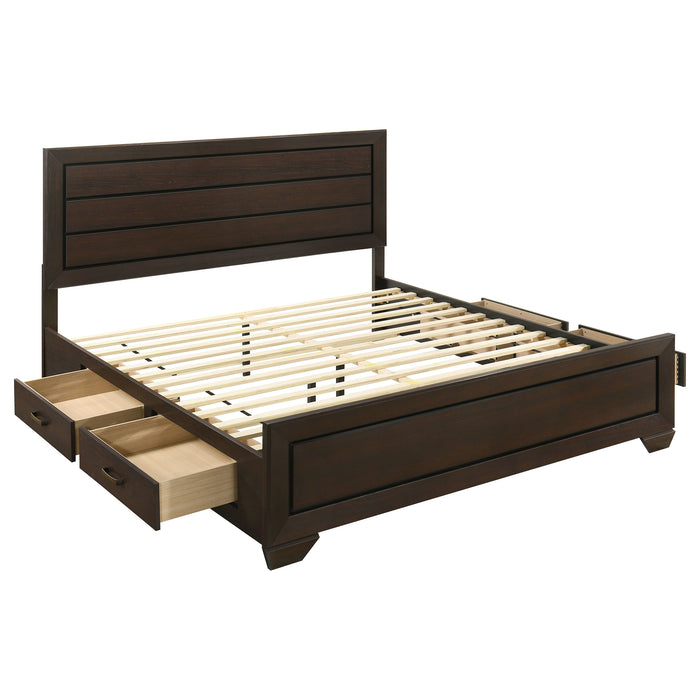 Kauffman Wood Eastern King Storage Panel Bed by CoasterEveryday in dark cocoa finish, showcasing the bed's headboard and storage panels.