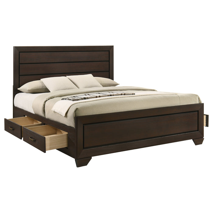 Kauffman Wood Eastern King Storage Panel Bed in dark cocoa finish with built-in storage drawers from CoasterEveryday.