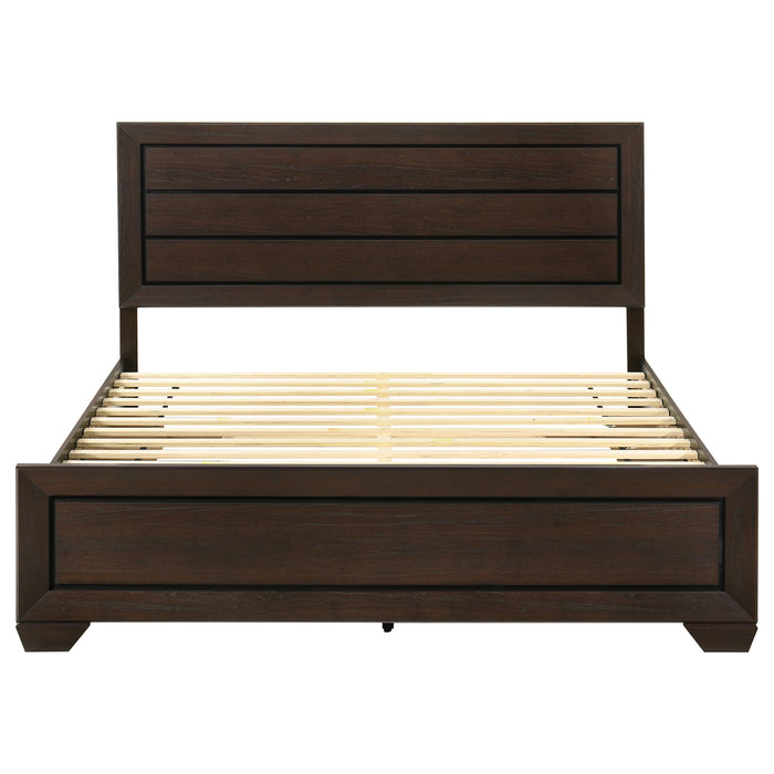 Dark cocoa wooden Eastern King Storage Panel Bed by CoasterEveryday, showing a detailed view of the bed's headboard and storage panels.