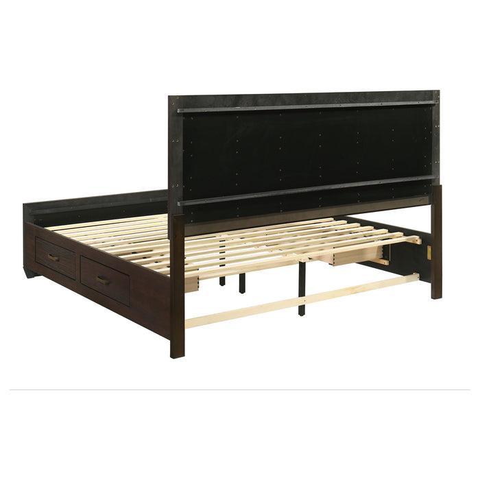 Kauffman Wood Eastern King Storage Panel Bed by CoasterEveryday in dark cocoa finish, showcasing the bed's storage panels and wooden frame.