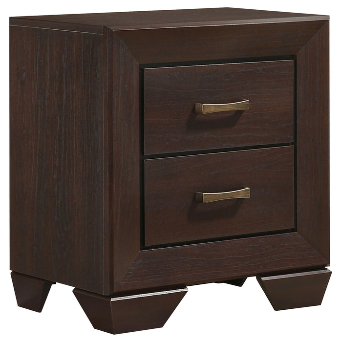 CoasterEveryday Kauffman 4-piece California King bedroom set in dark cocoa wood with bed frame, dresser, and nightstands displayed.