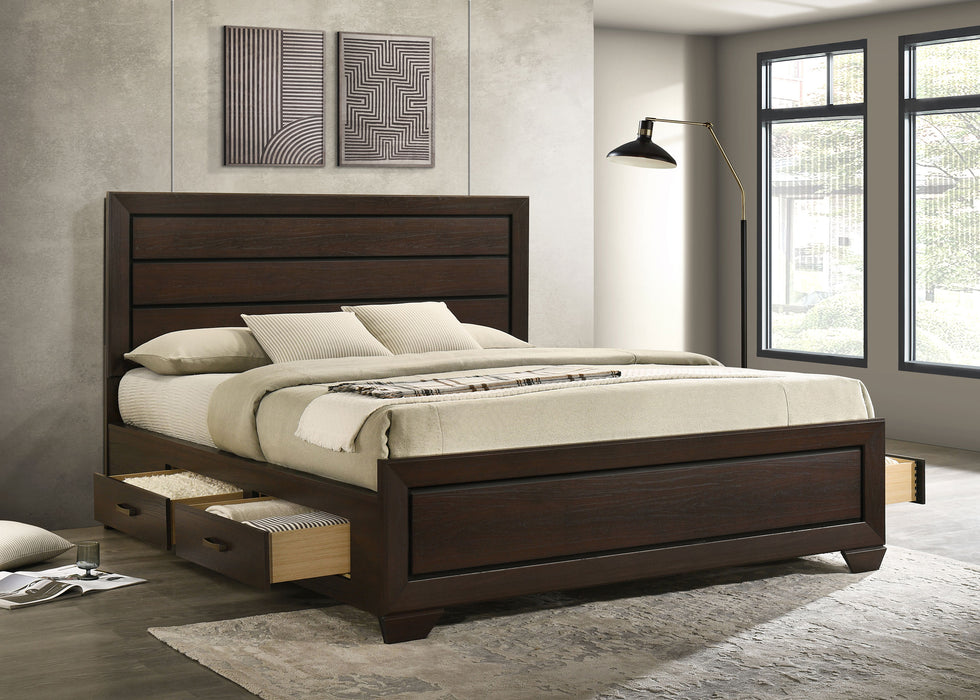 California King storage panel bed by CoasterEveryday in dark cocoa wood with built-in storage drawers and a modern furniture design.
