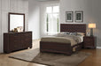 Dark cocoa Kauffman 4-piece queen bedroom furniture set by CoasterEveryday, including bed frame, dresser, mirror, and nightstands.