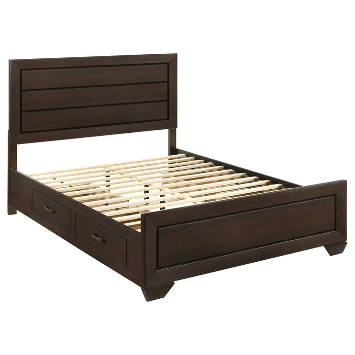 Kauffman Wood Queen Storage Panel Bed in dark cocoa finish with built-in storage drawers and a paneled headboard.