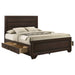 Dark cocoa Kauffman Wood Queen Storage Panel Bed by CoasterEveryday, showcasing the bed's headboard and storage panels in a modern bedroom setting.