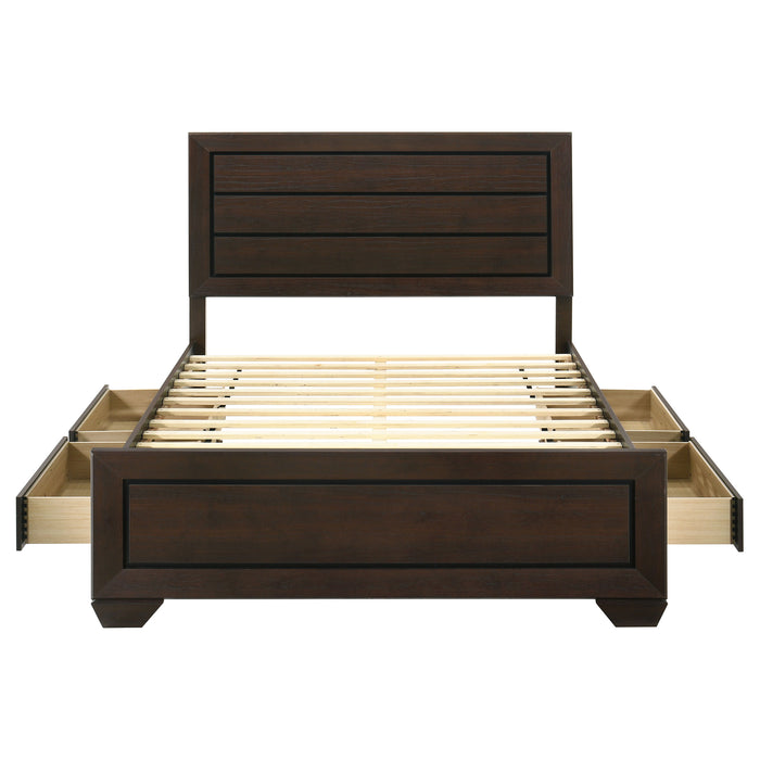Dark cocoa wood Queen storage panel bed from CoasterEveryday featuring a modern furniture design with built-in storage drawers.