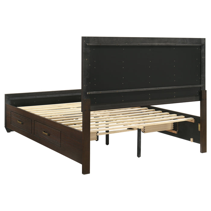 Kauffman Wood Queen Storage Panel Bed in dark cocoa finish, showcasing the elegant wooden frame with built-in storage drawers.