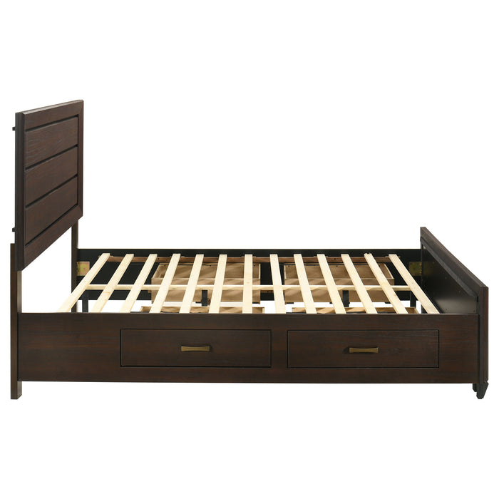 Dark cocoa Kauffman Wood Queen Storage Panel Bed by CoasterEveryday with a sturdy wood frame and built-in storage drawers.