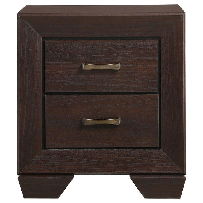 Kauffman 4-piece Eastern King bedroom set by CoasterEveryday featuring dark cocoa finish, includes bed frame, dresser, mirror, and nightstands.