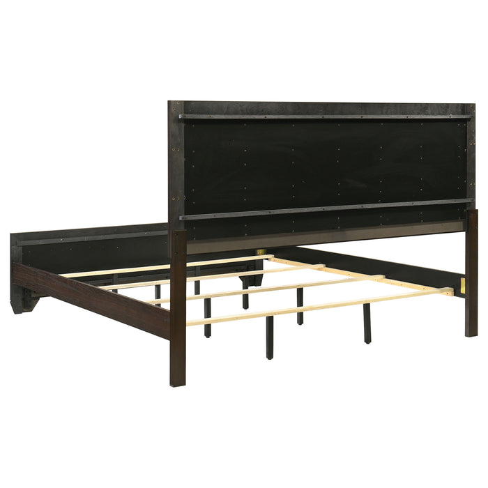 Kauffman Wood Eastern King Panel Bed in dark cocoa finish, showcasing the sturdy wood frame and classic panel design.