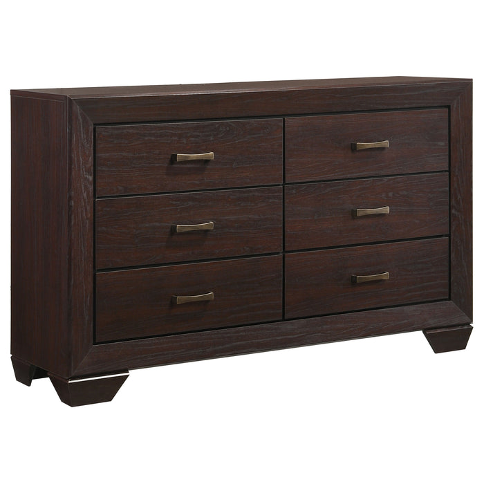Dark cocoa Kauffman 4-piece California King bedroom furniture set by CoasterEveryday with bed frame, dresser, and nightstands.