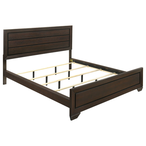 Dark cocoa Kauffman Wood California King Panel Bed by CoasterEveryday, showcasing a sturdy wooden frame with panel headboard.