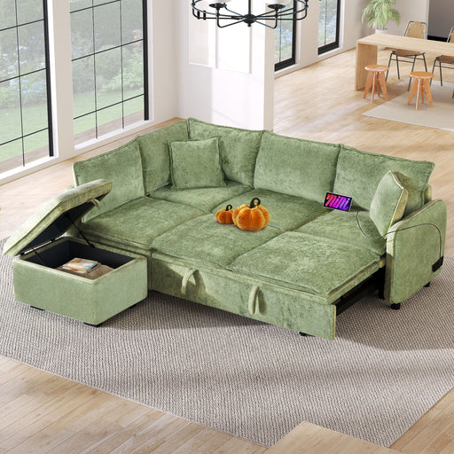 Giga L-shaped convertible sectional sofa sleeper with storage ottoman, two pillows, and built-in power outlets for living room.