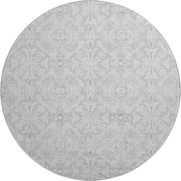 8' Medallion Washable Round Rug Polyester With UV Protection - Silver And Gray