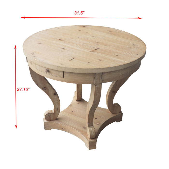 Giga farmhouse-style small round side table with curved legs, natural wood grain finish, distressed look for living or dining room.