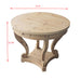 Giga farmhouse-style small round side table with curved legs, natural wood grain finish, distressed look for living or dining room.