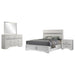 White Miranda 4-piece California King bedroom set with bed frame, dresser, mirror, and nightstands from CoasterEveryday.