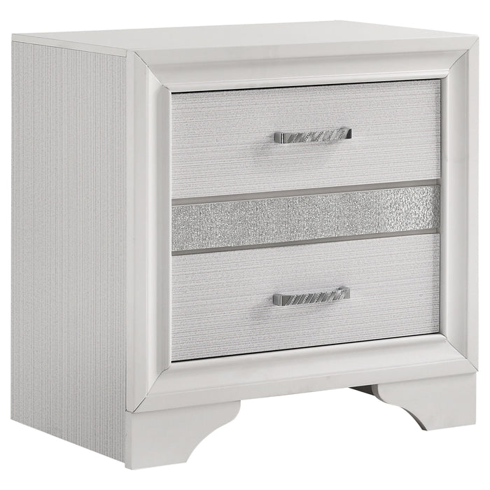 White California King bedroom set with four-piece furniture including a bed frame, nightstands, and dresser in a modern style.