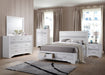 White Miranda 5-piece Queen Bedroom Set by CoasterEveryday, featuring a bed frame, nightstands, and dresser with modern design.