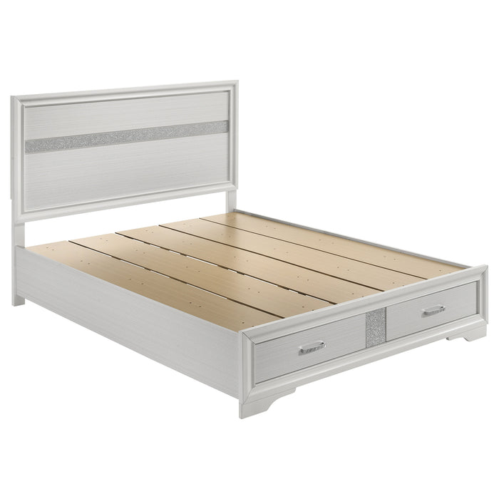 White Miranda 5-piece queen bedroom set by CoasterEveryday, includes bed frame, nightstands, dresser, and mirror with elegant design.