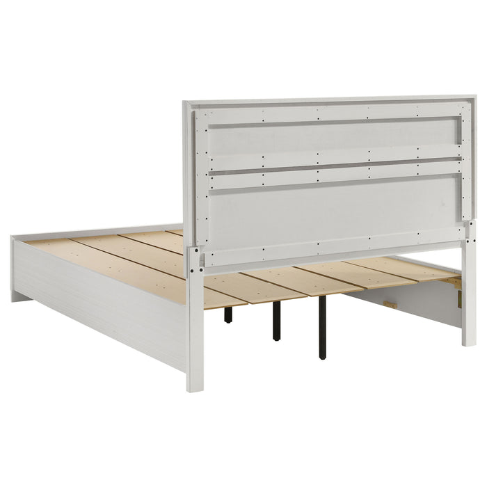 White Miranda 5-piece queen bedroom set by CoasterEveryday, featuring a bed frame, two nightstands, dresser, and mirror.