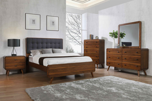 Robyn 5-piece California King bedroom furniture set in dark walnut finish, includes bed frame, dresser, mirror, and nightstands.
