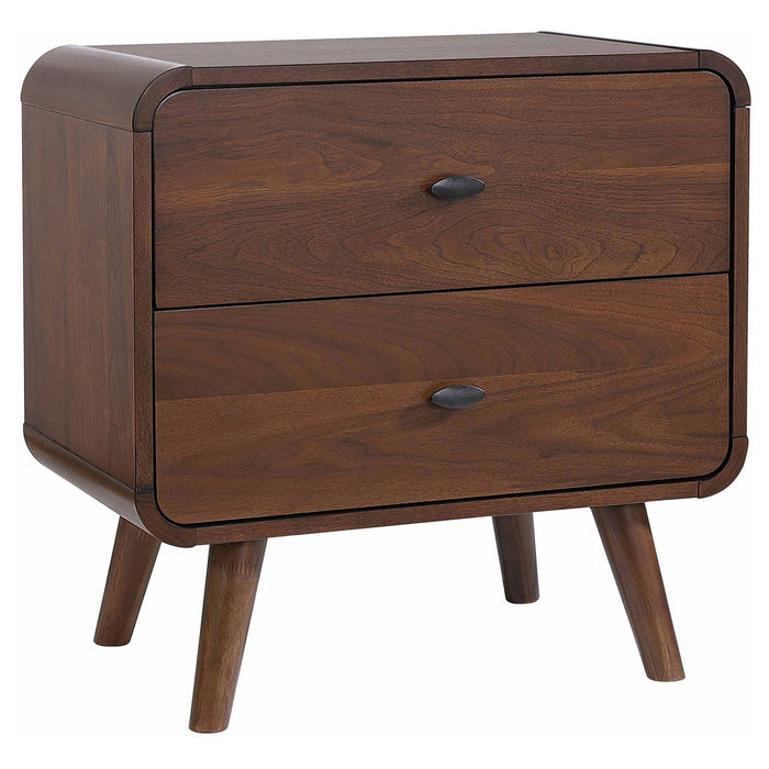Dark walnut Robyn 2-drawer nightstand by CoasterEssence, featuring a sleek bedside table with modern furniture design.