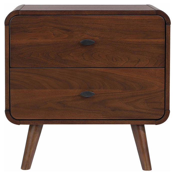 Dark walnut Robyn 2-drawer nightstand by CoasterEssence, featuring a sleek modern design and metal drawer pulls.