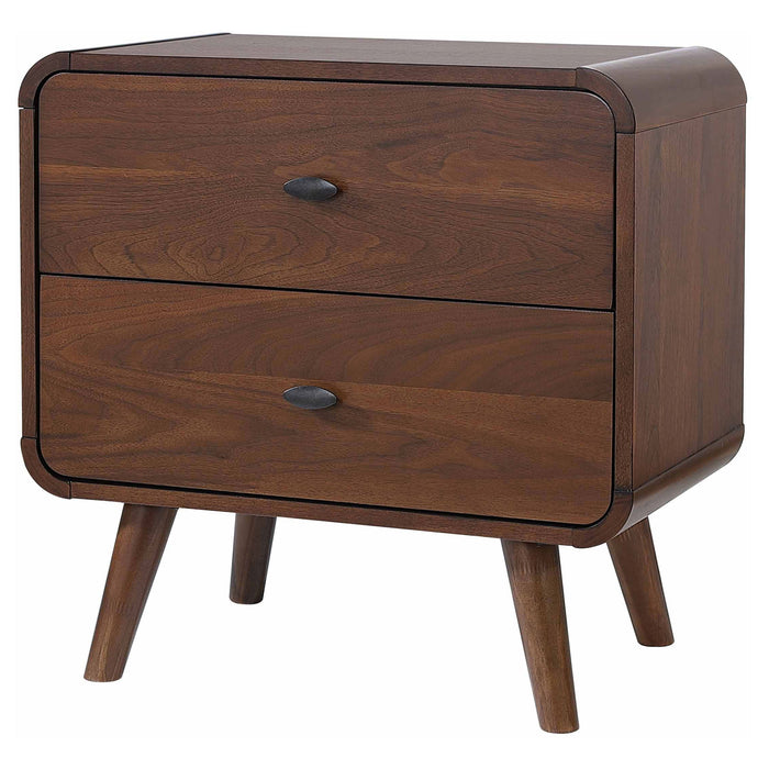 Dark walnut Robyn 2-drawer nightstand bedside table by CoasterEssence, showing its sleek design and two spacious drawers.