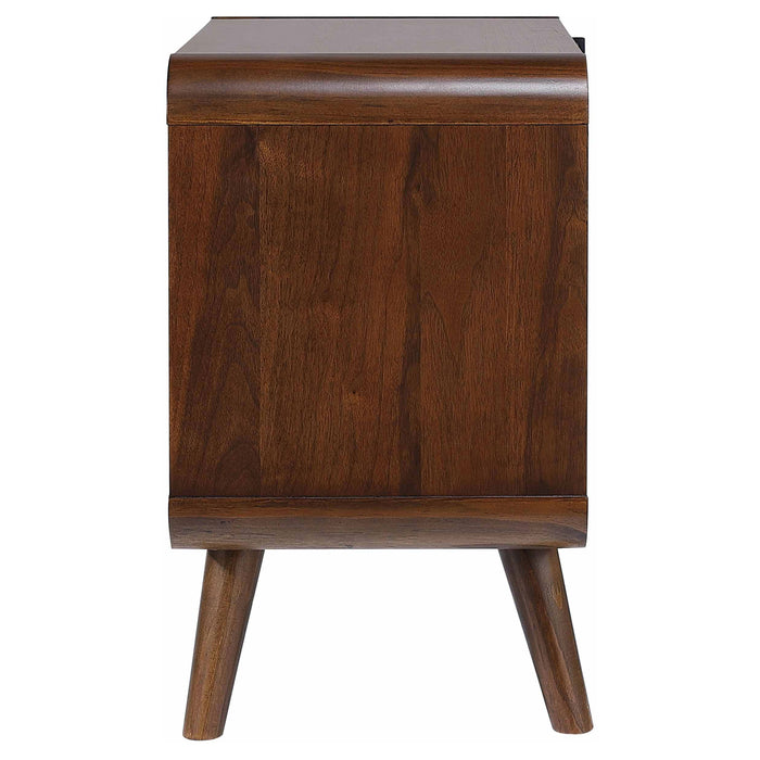Robyn 2-drawer dark walnut bedside table from CoasterEssence, showing the wooden nightstand with sleek drawers and modern design.