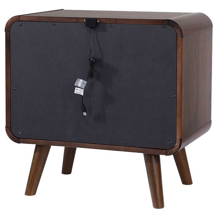 Dark walnut Robyn 2-drawer nightstand by CoasterEssence, showing sleek wood finish and modern bedside table design.