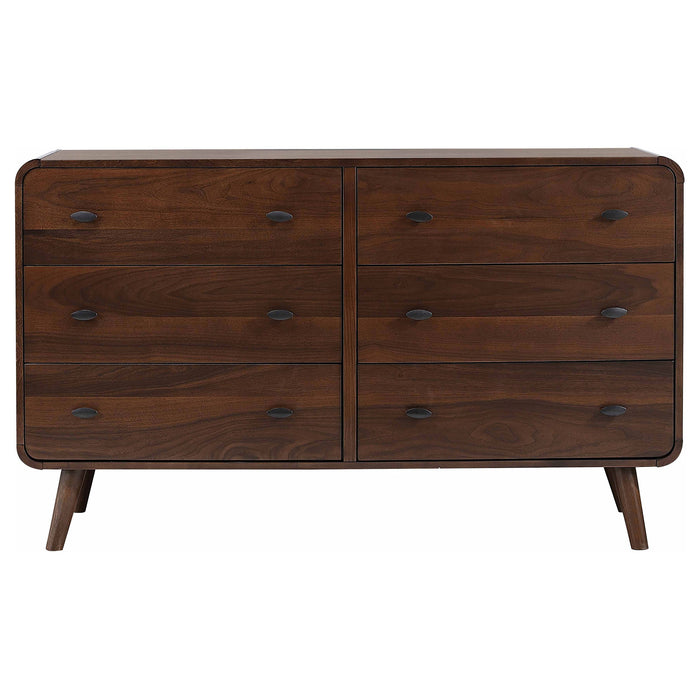 Dark walnut Robyn 6-drawer bedroom dresser by CoasterEssence, featuring sleek handles and a modern furniture design.