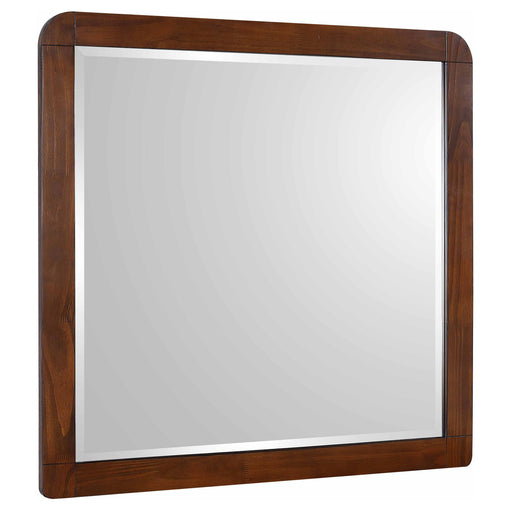 Robyn Dresser Mirror in dark walnut wood, part of CoasterEssence furniture, shown with a rectangular frame and reflective glass surface.