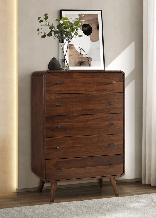 Dark walnut Robyn 5-drawer bedroom chest of drawers by CoasterEssence, showing sleek finish and modern furniture design.