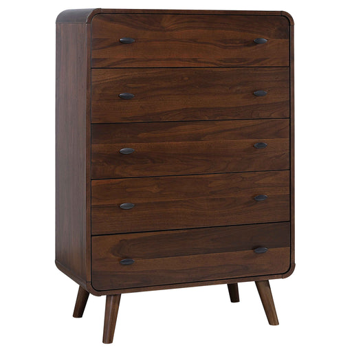 Dark walnut Robyn 5-drawer bedroom chest of drawers by CoasterEssence, featuring sleek handles and a sturdy wooden construction.