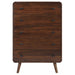 Robyn 5-drawer bedroom chest of drawers in dark walnut finish, featuring sleek modern furniture design with metal handles.