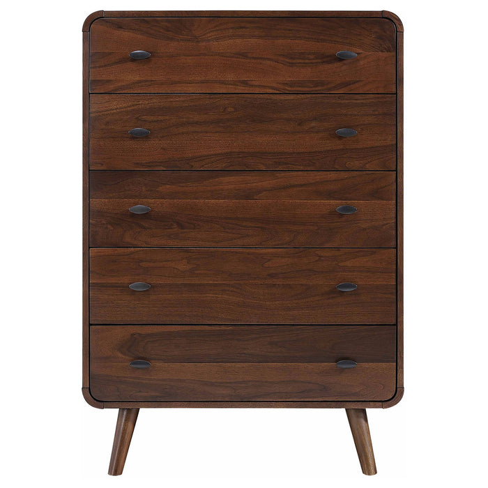 Dark walnut Robyn 5-drawer bedroom chest of drawers by CoasterEssence, showcasing sleek design and sturdy construction.