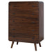 Dark walnut Robyn 5-drawer bedroom chest of drawers by CoasterEssence, showcasing sleek wooden finish and modern furniture design.